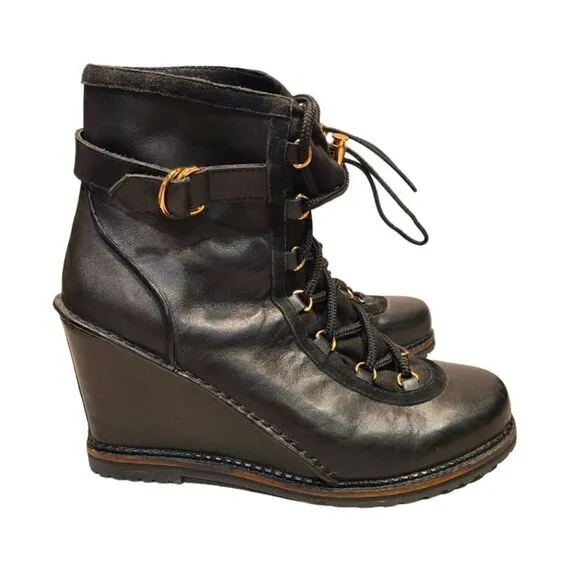 Diane von Furstenberg Senna Black Vacchetta Hidden Wedge Lace Up Booties | 10