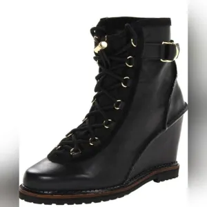 Diane von Furstenberg Senna Black Vacchetta Hidden Wedge Lace Up Booties | 10