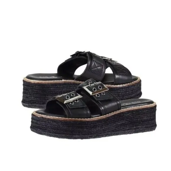 Diba True Derby Black Leather Wedges Double Buckle Details Size 8.5