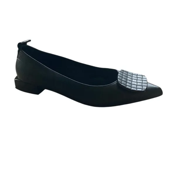 Dibia Women's Black Leather Flats Pointed Toe Architectural heel Made in Spain