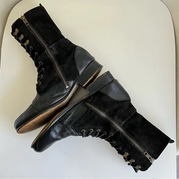 Diesel Black Suede Lace Up Side Zip Combat Moto Boots Size 7.5