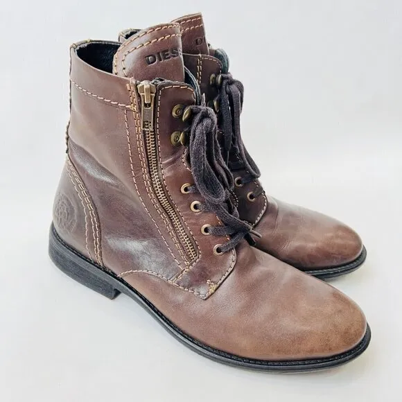 Diesel Men’s The pit lace up leather boots, Brown, Size 43