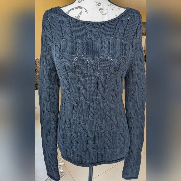 DKNY 100% Cotton Black Cable Knit Sweater Size Medium