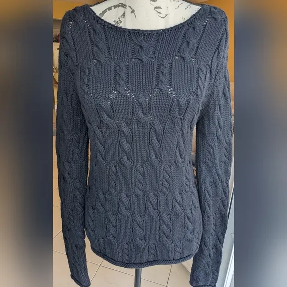 DKNY 100% Cotton Black Cable Knit Sweater Size Medium