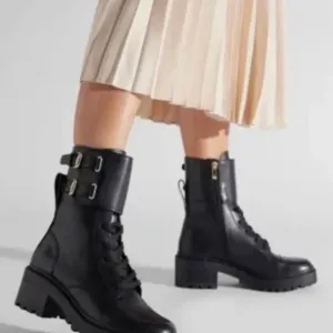 DKNY Bart Black Leather Buckle Lace Up Combat Boots