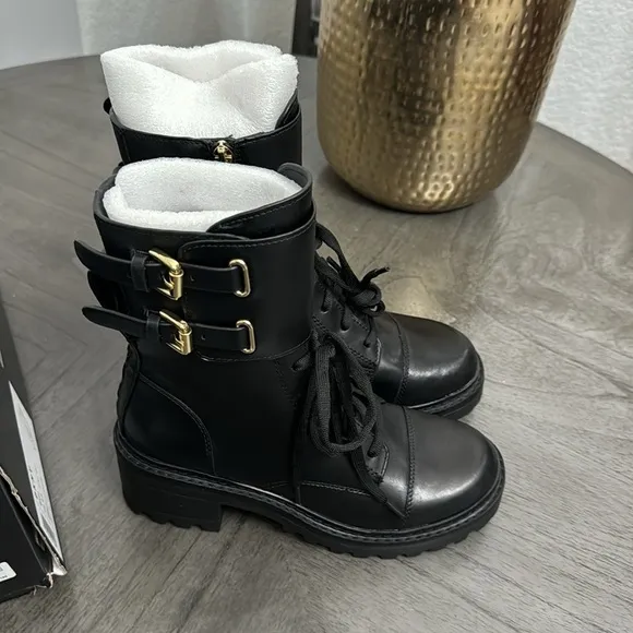 DKNY Bart Black Leather Buckle Lace Up Combat Boots