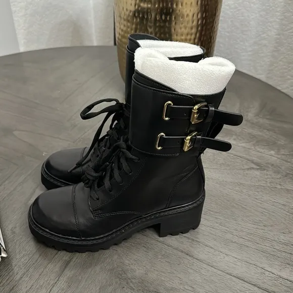 DKNY Bart Black Leather Buckle Lace Up Combat Boots