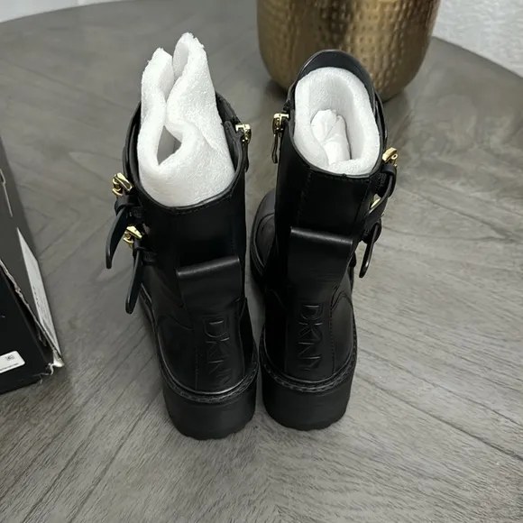 DKNY Bart Black Leather Buckle Lace Up Combat Boots