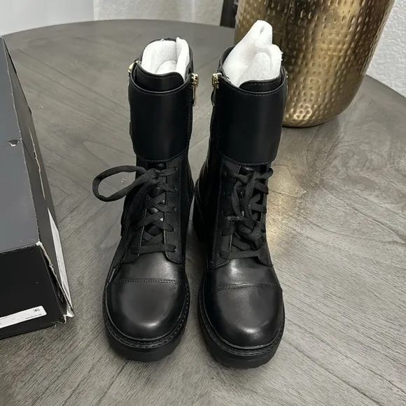 DKNY Bart Black Leather Buckle Lace Up Combat Boots