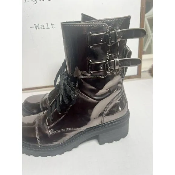 DKNY Metallic Gunmetal Double Buckle Chunky Lug Sole Bart Combat Boots 9.5