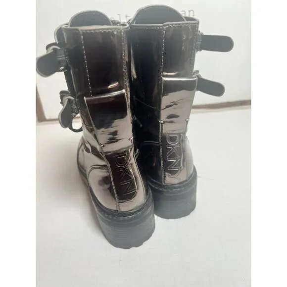 DKNY Metallic Gunmetal Double Buckle Chunky Lug Sole Bart Combat Boots 9.5