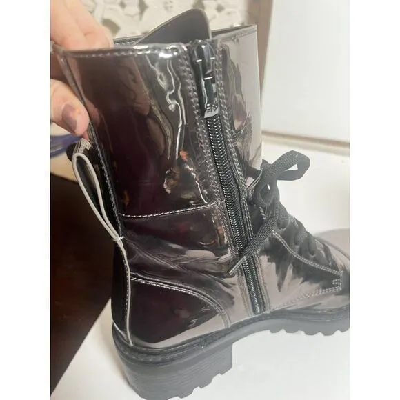DKNY Metallic Gunmetal Double Buckle Chunky Lug Sole Bart Combat Boots 9.5