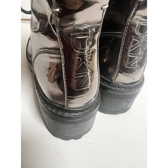 DKNY Metallic Gunmetal Double Buckle Chunky Lug Sole Bart Combat Boots 9.5