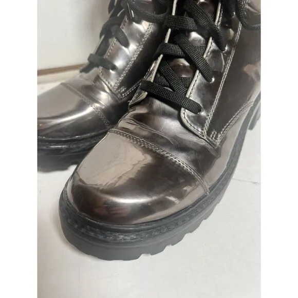 DKNY Metallic Gunmetal Double Buckle Chunky Lug Sole Bart Combat Boots 9.5