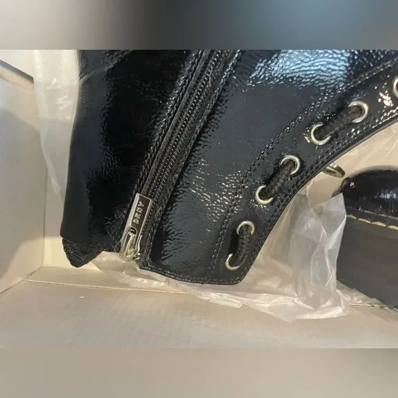DKNY RHI black patent lace up boots NWT 6 M
