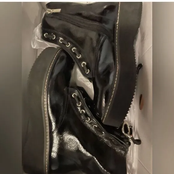 DKNY RHI black patent lace up boots NWT 6 M
