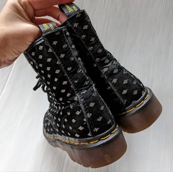 DOC MARTENS Vintage MIE black velvet silver diamond lace-up combat boots