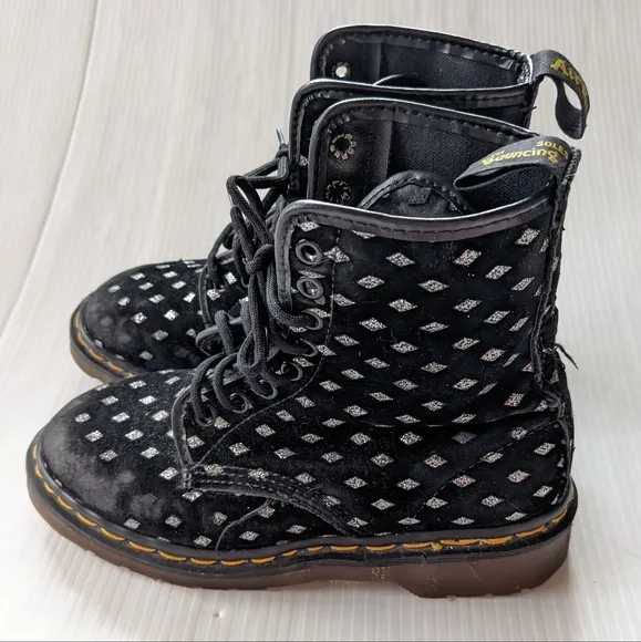 DOC MARTENS Vintage MIE black velvet silver diamond lace-up combat boots