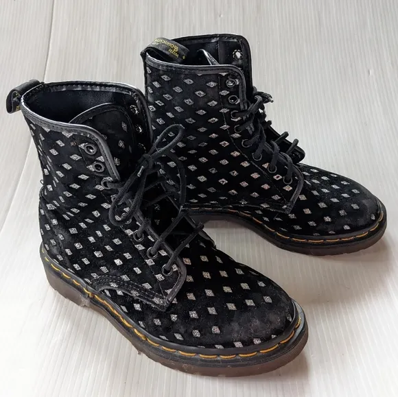 DOC MARTENS Vintage MIE black velvet silver diamond lace-up combat boots