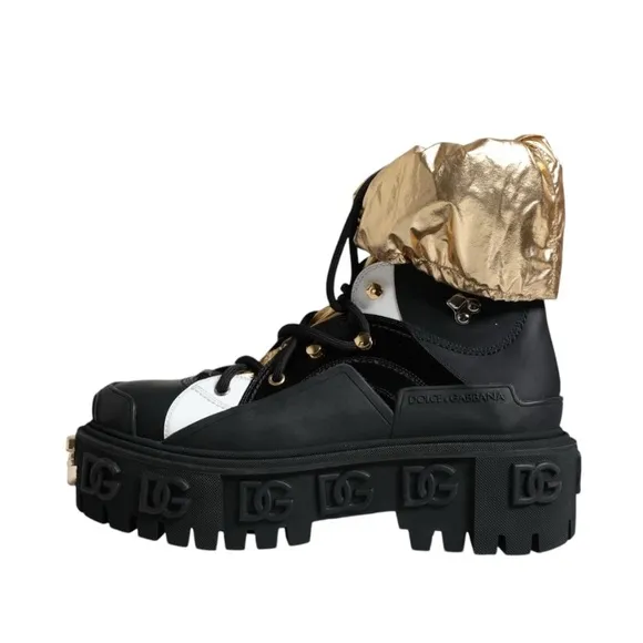 🔥DOLCE &amp; GABBANA Gold Metallic Ruched Black Lace-Up Boots🔥