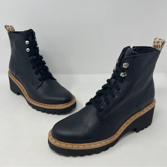Dolce Vita Hinto Leather Leopard Print Trim Combat &amp; Lace Up Boots - NWT