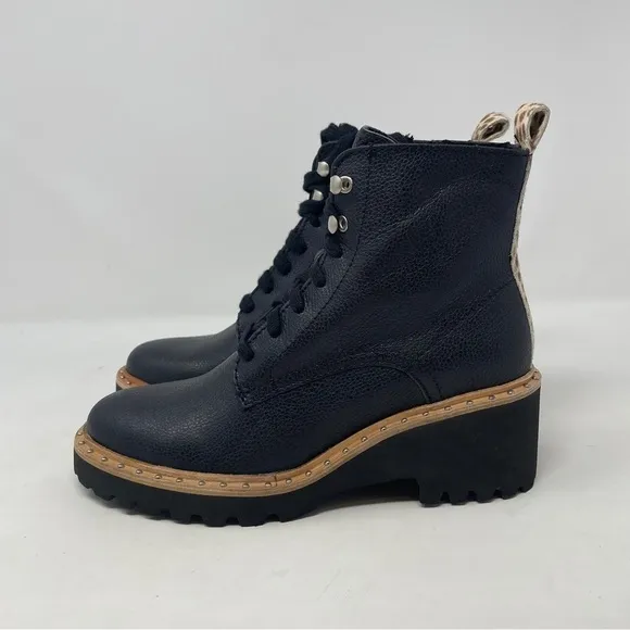 Dolce Vita Hinto Leather Leopard Print Trim Combat &amp; Lace Up Boots - NWT