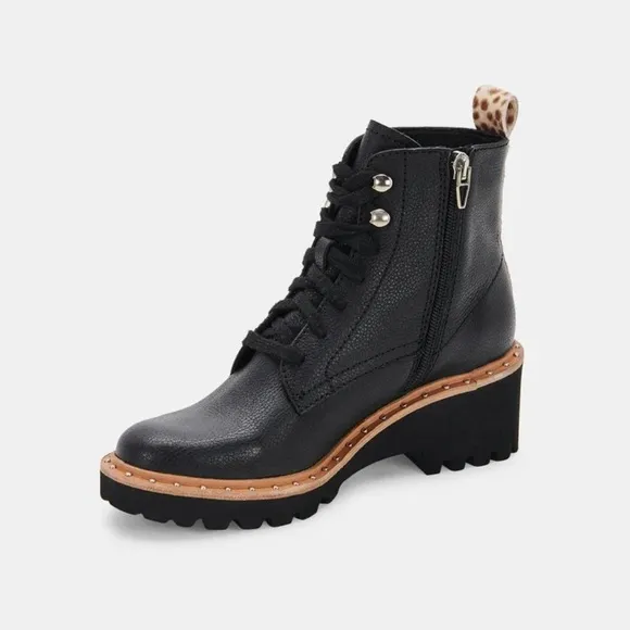 Dolce Vita Hinto Leather Leopard Print Trim Combat &amp; Lace Up Boots - NWT