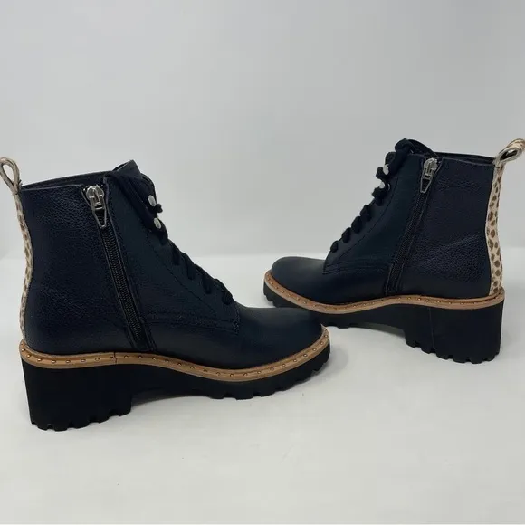 Dolce Vita Hinto Leather Leopard Print Trim Combat &amp; Lace Up Boots - NWT