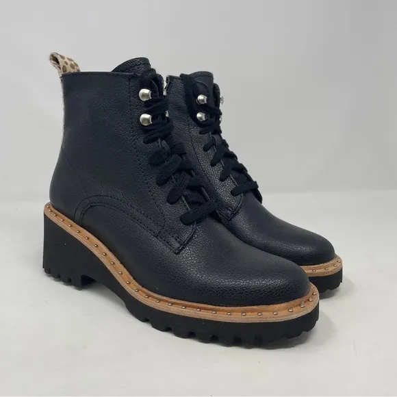 Dolce Vita Hinto Leather Leopard Print Trim Combat &amp; Lace Up Boots - NWT