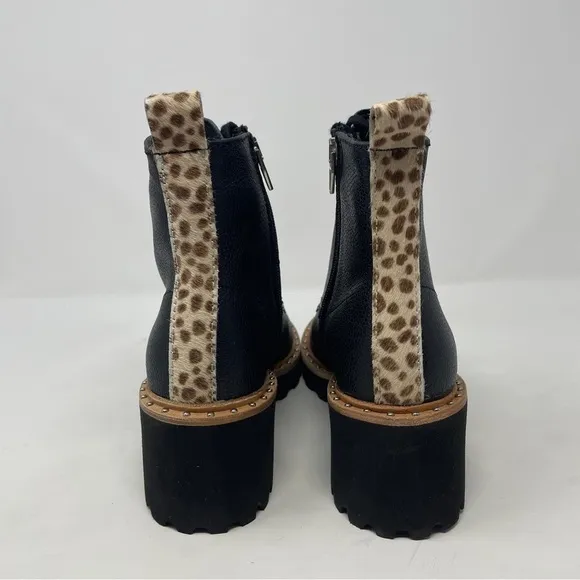 Dolce Vita Hinto Leather Leopard Print Trim Combat &amp; Lace Up Boots - NWT
