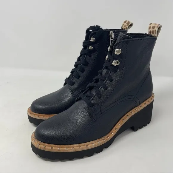 Dolce Vita Hinto Leather Leopard Print Trim Combat &amp; Lace Up Boots - NWT