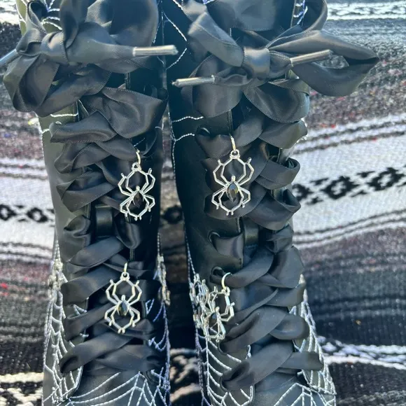 DOLLS KILL WIDOW SPIDERWEB CHARM LACE UP PLATFORM BOOTS SHOES SIZE 9