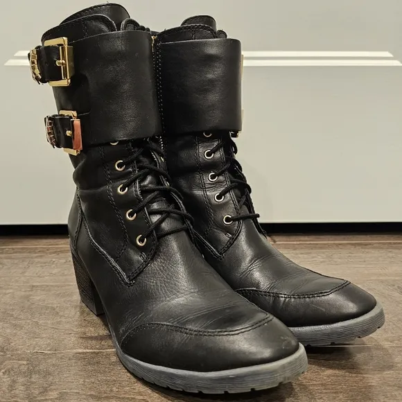 Donald J Pliner Black Moto Combat Boots sz 6