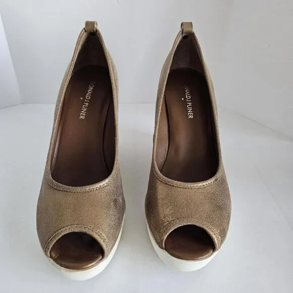 Donald J Pliner 'Carli' Peep Toe Cork Wedges Shimmer Bronze Metallic Wome Sz 8.5