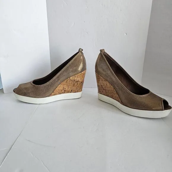 Donald J Pliner 'Carli' Peep Toe Cork Wedges Shimmer Bronze Metallic Wome Sz 8.5