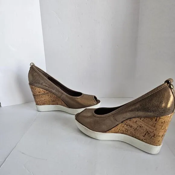 Donald J Pliner 'Carli' Peep Toe Cork Wedges Shimmer Bronze Metallic Wome Sz 8.5