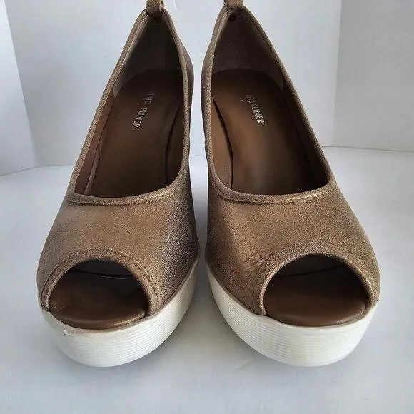 Donald J Pliner 'Carli' Peep Toe Cork Wedges Shimmer Bronze Metallic Wome Sz 8.5