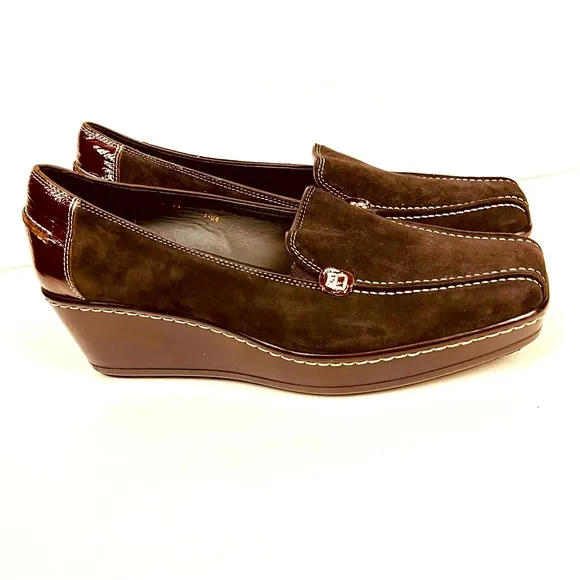 Donald J Pliner Platform Wedge Loafer Brown Suede Patent Leazer Size 8.5 M