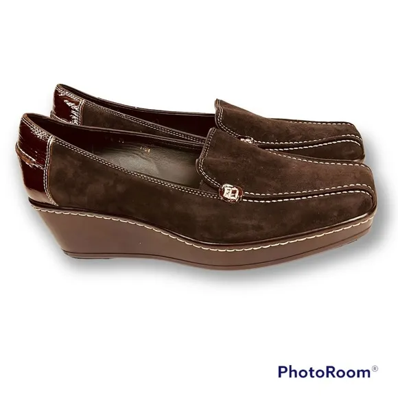 Donald J Pliner Platform Wedge Loafer Brown Suede Patent Leazer Size 8.5 M