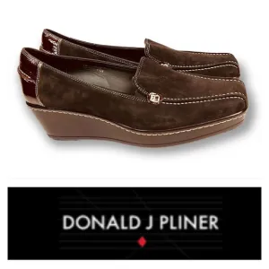 Donald J Pliner Platform Wedge Loafer Brown Suede Patent Leazer Size 8.5 M