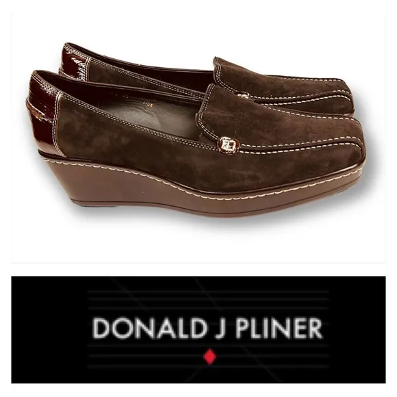 Donald J Pliner Platform Wedge Loafer Brown Suede Patent Leazer Size 8.5 M