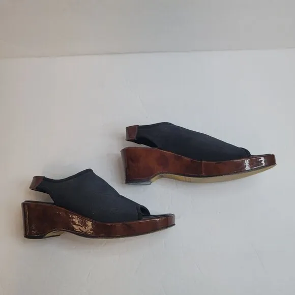 Donald Pliner Womens Peep Toe Wedges Size 6 Black Slip On Canvas Square Toe Y2K