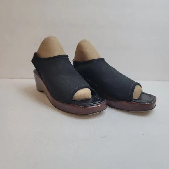 Donald Pliner Womens Peep Toe Wedges Size 6 Black Slip On Canvas Square Toe Y2K