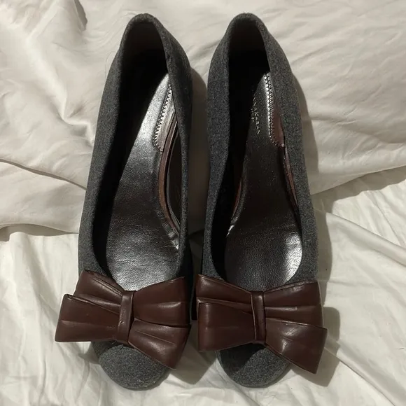 Donna Karen Collection vintage 8.5 grey wool brown leather bow ballet flat euc