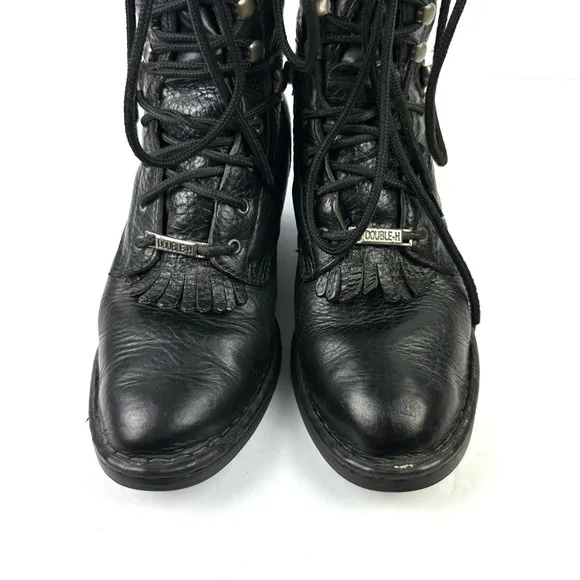 Double H Kiltie Boots 6.5  Black Leather Lace Up Western Cowgirl Bootie