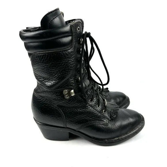 Double H Kiltie Boots 6.5  Black Leather Lace Up Western Cowgirl Bootie