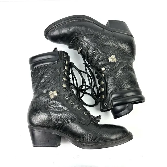 Double H Kiltie Boots 6.5  Black Leather Lace Up Western Cowgirl Bootie