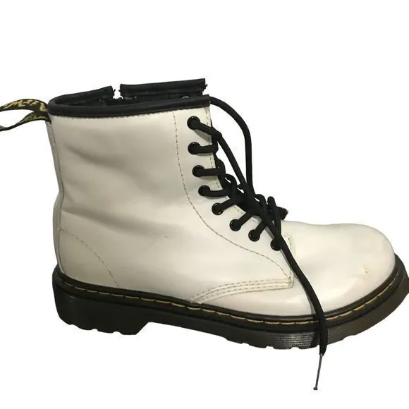 Dr Doc Martens 1460J Combat Boots Youth‎ Size 3 White Leather Lace Up Side Zip