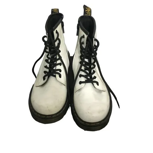 Dr Doc Martens 1460J Combat Boots Youth‎ Size 3 White Leather Lace Up Side Zip
