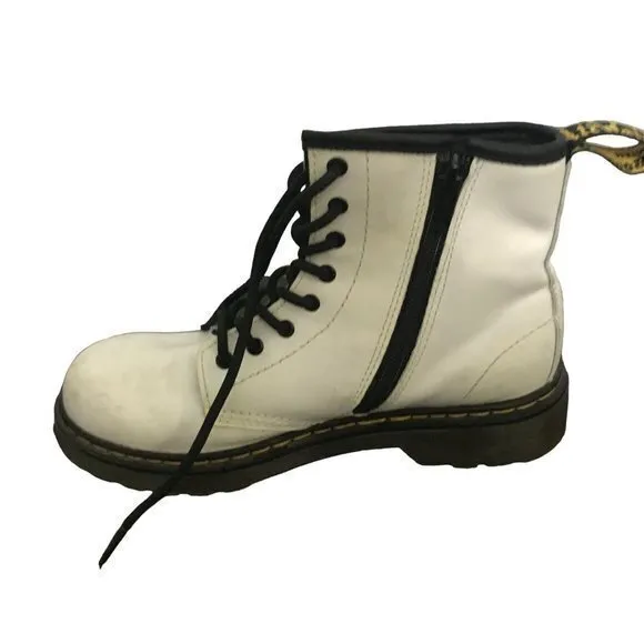 Dr Doc Martens 1460J Combat Boots Youth‎ Size 3 White Leather Lace Up Side Zip